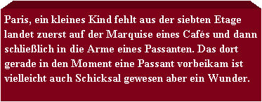 Textfeld: Paris, ein kleines Kind fehlt aus der siebten Etage landet zuerst auf der Marquise eines Cafs und dann schlielich in die Arme eines Passanten. Das dort gerade in den Moment eine Passant vorbeikam ist vielleicht auch Schicksal gewesen aber ein Wunder. 