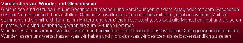 Textfeld: Verstndins von Wunder und GleichnissenGleichnisse sind dazu da um uns Gedanken zumachen und Verbindungen mit dem Alltag oder mit dem Geschehen aus der Vergangenheit  her zustellen. Gleichnisse wollen uns immer etwas mitteilen, egal aus welcher Zeit sie stammen sind sie hilfreich fr uns. Im Hintergrund der Gleichnisse steht ,dass Gott alle Menschen liebt und sie so an nimmt wie sie sind, unabhngig wann sie zum Glauben kommen.Wunder lassen uns immer wieder staunen und bewirken sicherlich auch, dass wie ber Dinge genauer nachdenken.Wunder lassen uns wertschtzen was wir haben und nicht das was wir besitzen als selbstverstndlich zu sehen.